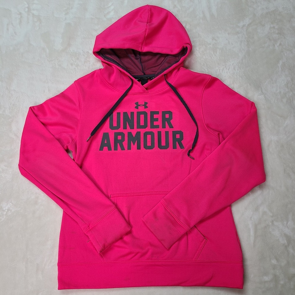 Under Armour Battle Hoodie Womens S Pink Sweatshirt Spell Out Kangaroo Pouch